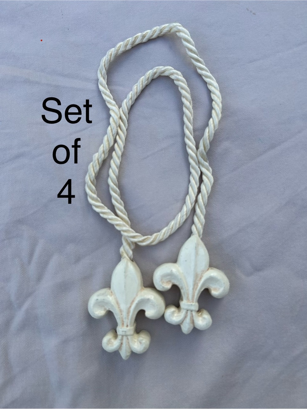 4 Fleur-de-Lis Drapery Tie-Backs with Satin Cord. Set of 4. Vintage. 33” length